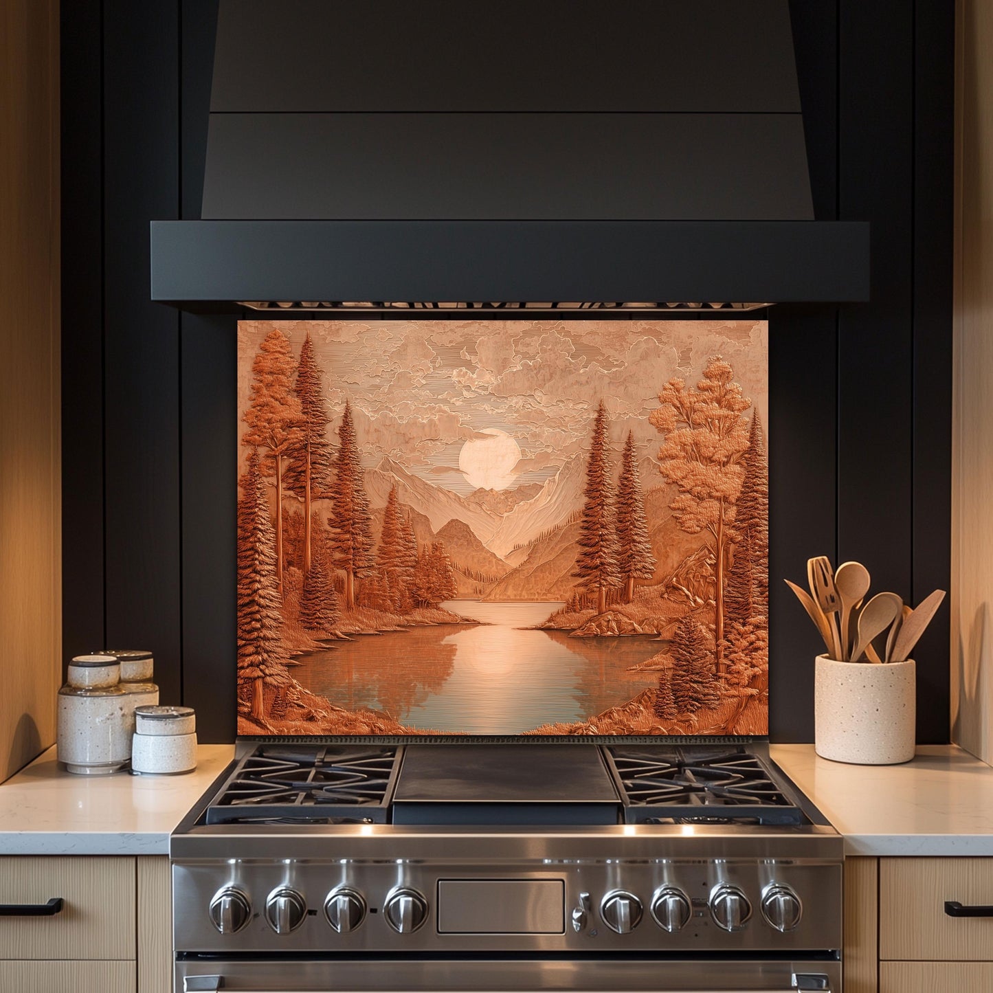 Tempered Glass Mountain & Deer Backsplash: Rustic Kitchen Decor