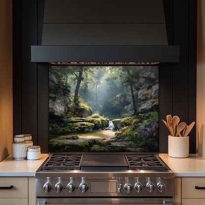 Forest Waterfall Glass Backsplash, Tranquil Nature Stove Guard, Heat Resistant Easy Clean Kitchen Art