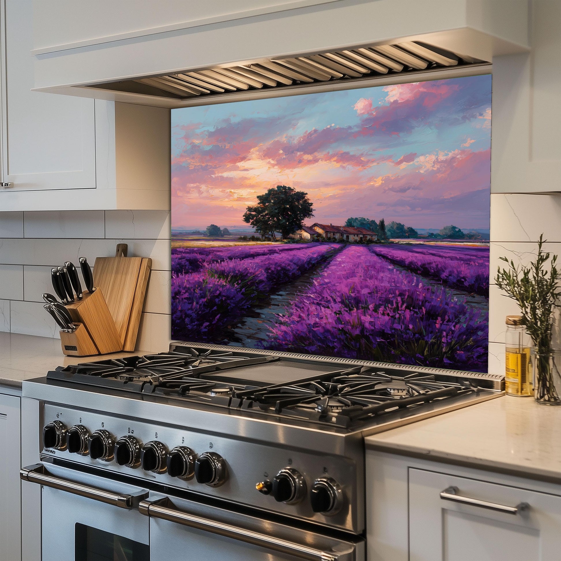 Provence Lavender Field Tempered Glass Backsplash - Sunset Countryside Kitchen Splashback - Heatproof Stove Wall Protector