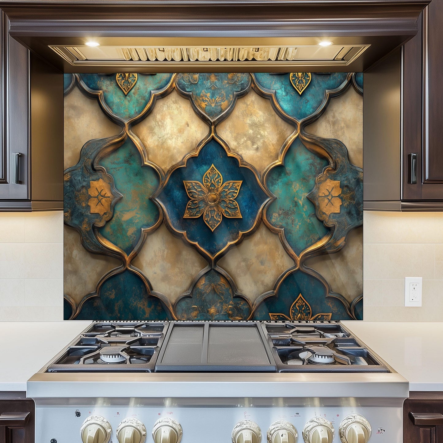 Moroccan Tempered Glass Kitchen Backsplash, Rustic Stove Protection, Custom Size Design