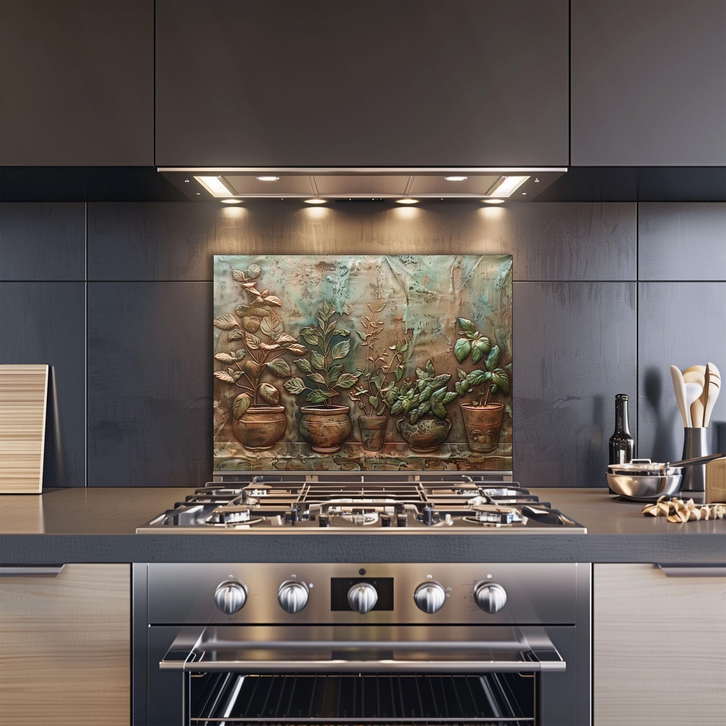 Copper effect kitchen backsplash, herb garden pots design, heat-resistant tempered glass, easy clean wall protector, vintage style kitchen art, stove wall protector
