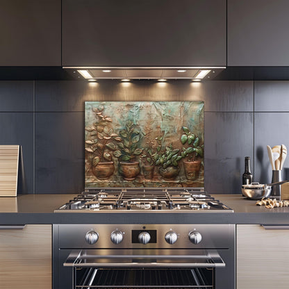 Copper effect kitchen backsplash, herb garden pots design, heat-resistant tempered glass, easy clean wall protector, vintage style kitchen art, stove wall protector