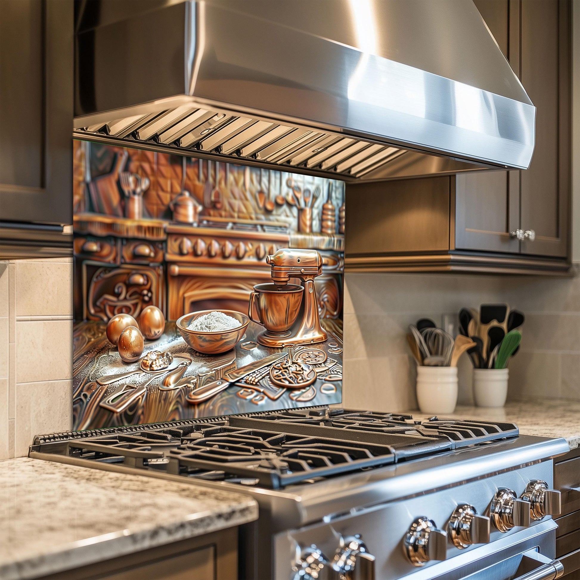 Copper kitchen backsplash, tempered glass baking tools design, heat-resistant wall protector, farmhouse kitchen decor, vintage style wall art, stove protector, mixer kitchen panel
