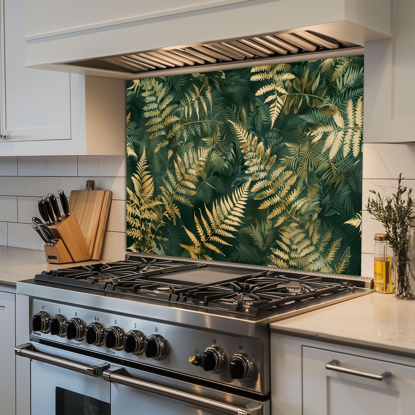 Tropical Fern Glass Backsplash, Green Gold Leaf Stove Guard, Heat Resistant Easy Clean Art