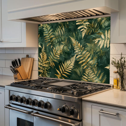 Tropical Fern Glass Backsplash, Green Gold Leaf Stove Guard, Heat Resistant Easy Clean Art