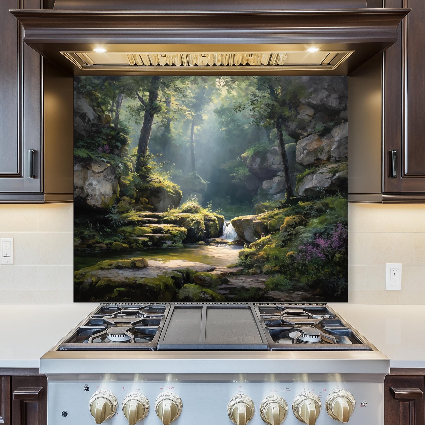 Forest Waterfall Glass Backsplash, Tranquil Nature Stove Guard, Heat Resistant Easy Clean Kitchen Art