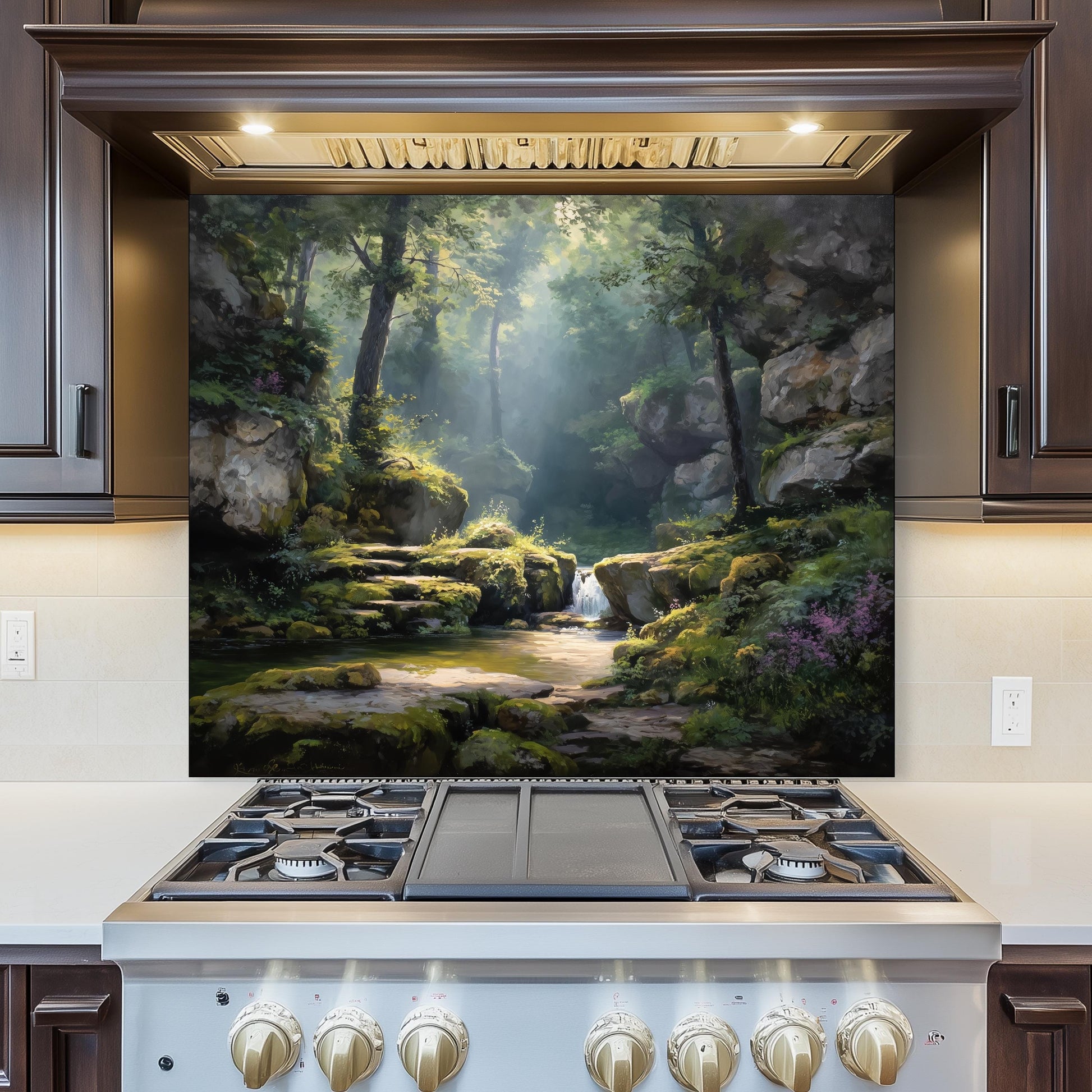 Forest Waterfall Glass Backsplash, Tranquil Nature Stove Guard, Heat Resistant Easy Clean Kitchen Art