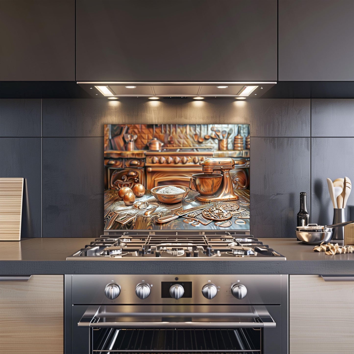 Rustic kitchen backsplash, copper mixer and baking tools design, heat-resistant tempered glass, easy clean kitchen wall protector, vintage farmhouse kitchen decor, stove protector