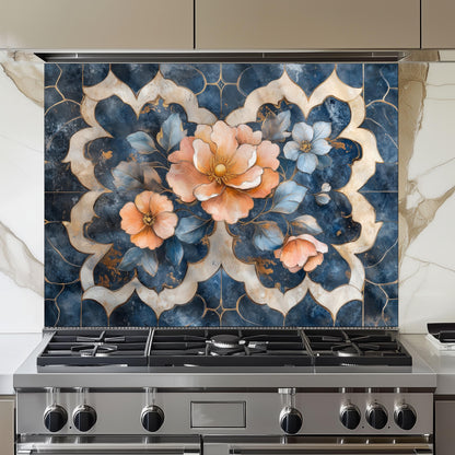Moroccan Floral Glass Backsplash, Blue Geometric Stove Guard, Heat Resistant Easy Clean Kitchen Art