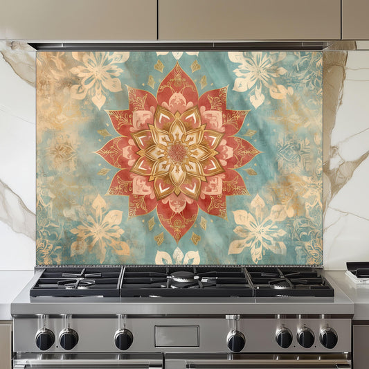 Moroccan Style Glass Backsplash, Blue Floral Stove Guard, Heat Resistant Easy Clean Kitchen Art