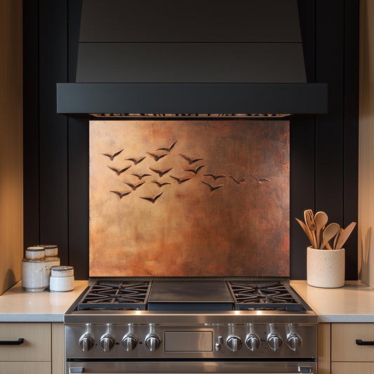 Copper Heron Tempered Glass Kitchen Backsplash: Rustic Bird Art