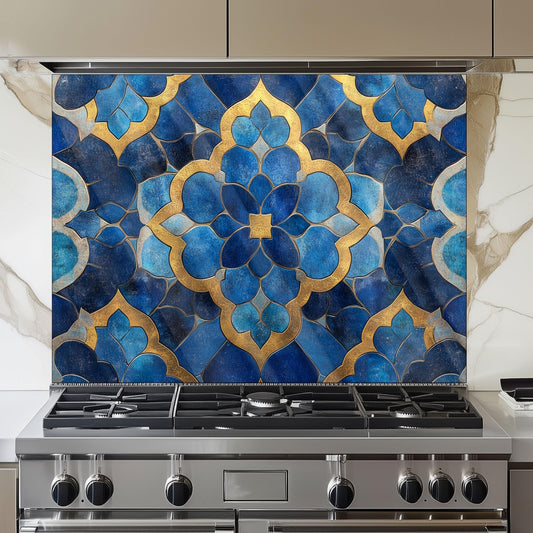 Moroccan Style Glass Backsplash, Blue Geometric Stove Guard, Heat Resistant Easy Clean Kitchen Art
