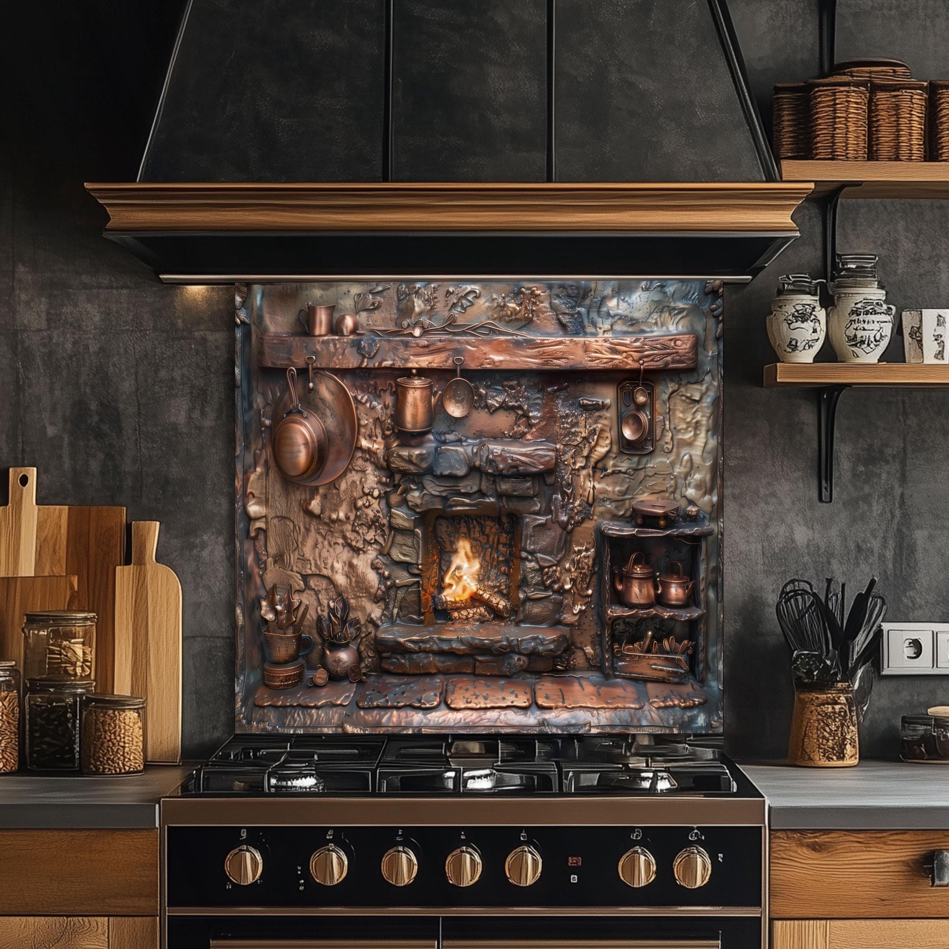 Tempered glass kitchen backsplash, copper fireplace design, rustic cookware, heat-resistant splashback, easy to clean, stove wall protector, artistic kitchen decor, farmhouse kitchen, vintage kitchen backsplash