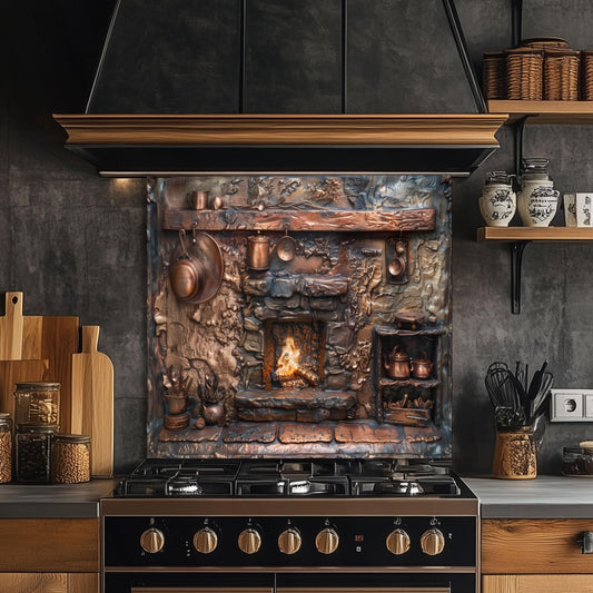 Tempered glass kitchen backsplash, copper fireplace design, rustic cookware, heat-resistant splashback, easy to clean, stove wall protector, artistic kitchen decor, farmhouse kitchen, vintage kitchen backsplash
