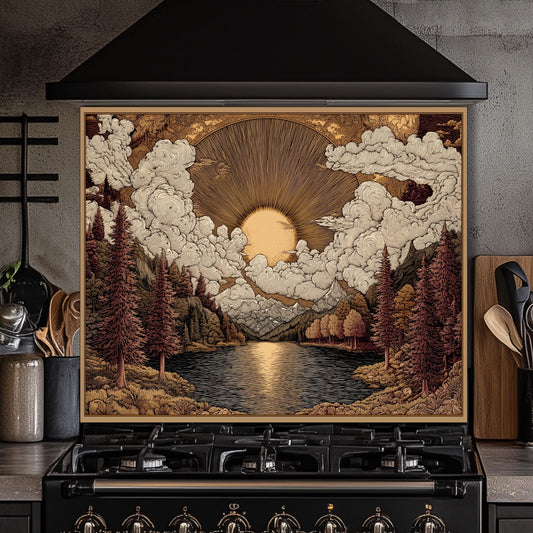 Tempered Glass Kitchen Backsplash: Mountain Sunrise Landscape, Heat-Resistant