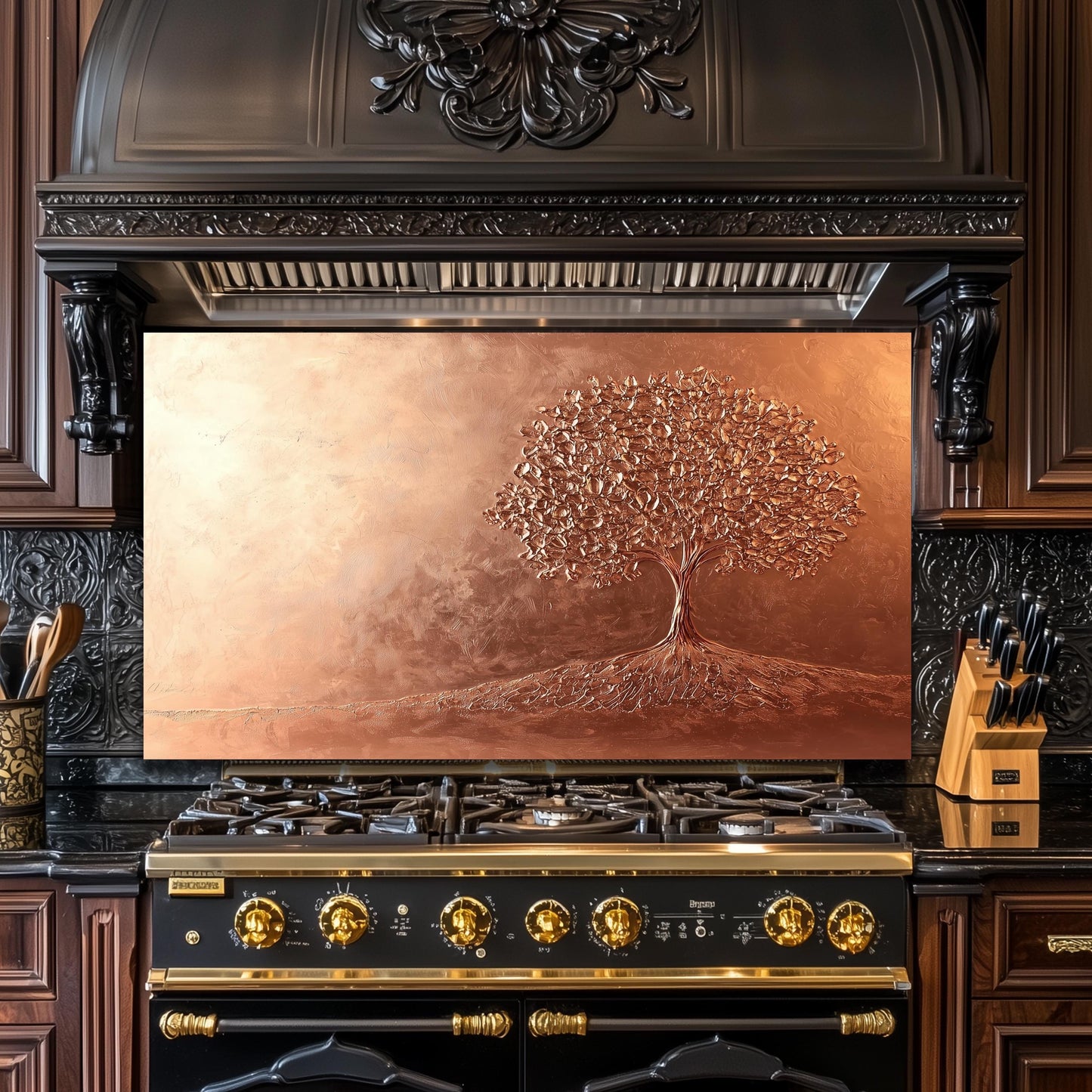 Tree of Life Tempered Glass Backsplash: Rustic Copper Kitchen Panel
