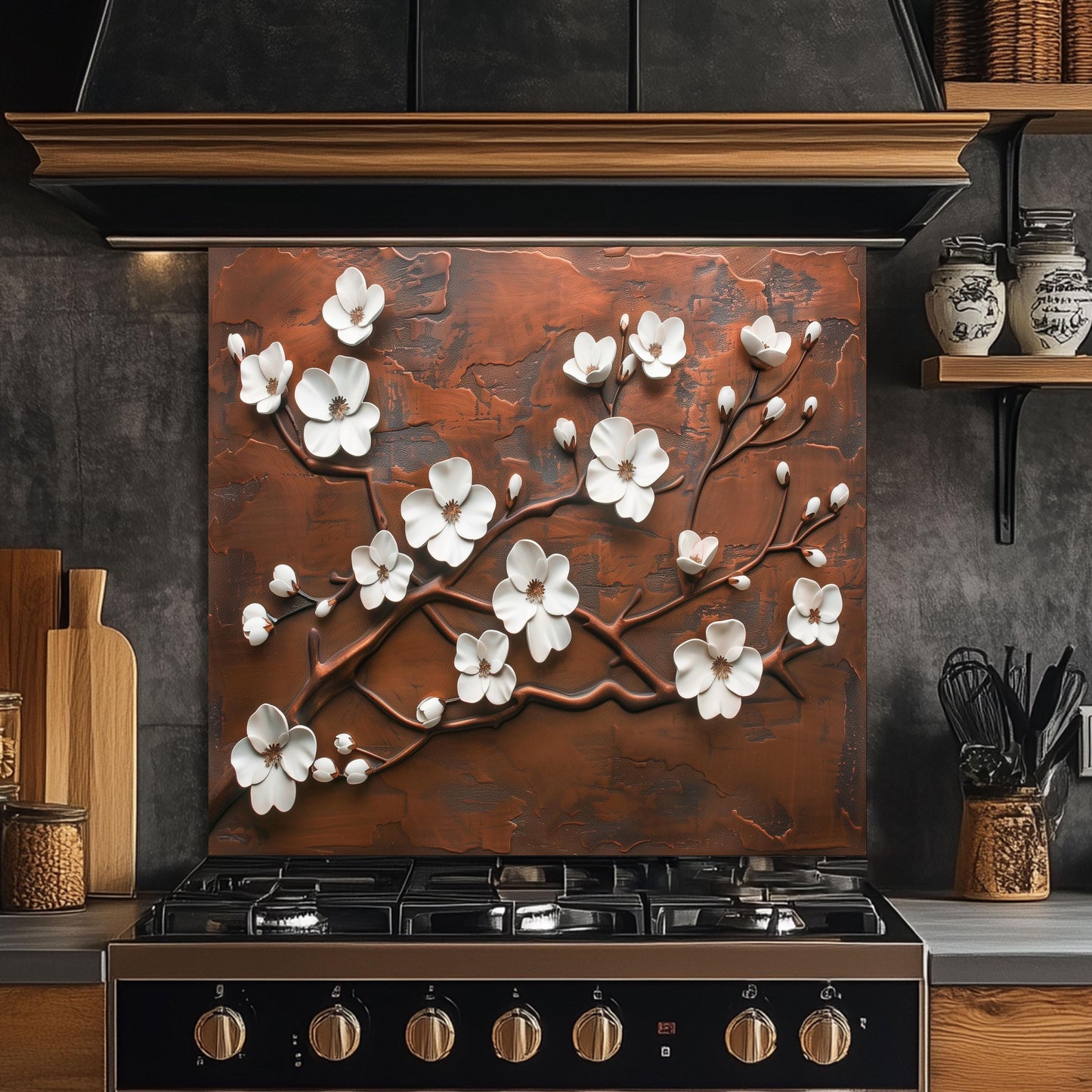 Tempered Glass Kitchen Backsplash: Copper Cherry Blossom Design