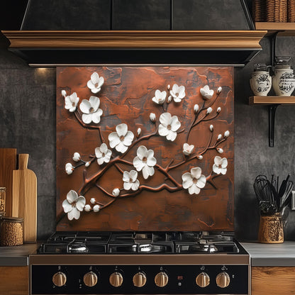 Tempered Glass Kitchen Backsplash: Copper Cherry Blossom Design