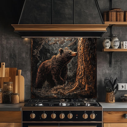 Tempered glass kitchen backsplash, copper bear forest scene, heat-resistant splashback, easy to clean, stove wall protector, artistic kitchen decor, modern backsplash, rustic forest decor, unique wall art