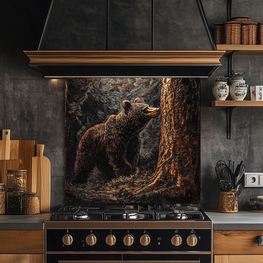 Tempered glass kitchen backsplash, copper bear forest scene, heat-resistant splashback, easy to clean, stove wall protector, artistic kitchen decor, modern backsplash, rustic forest decor, unique wall art