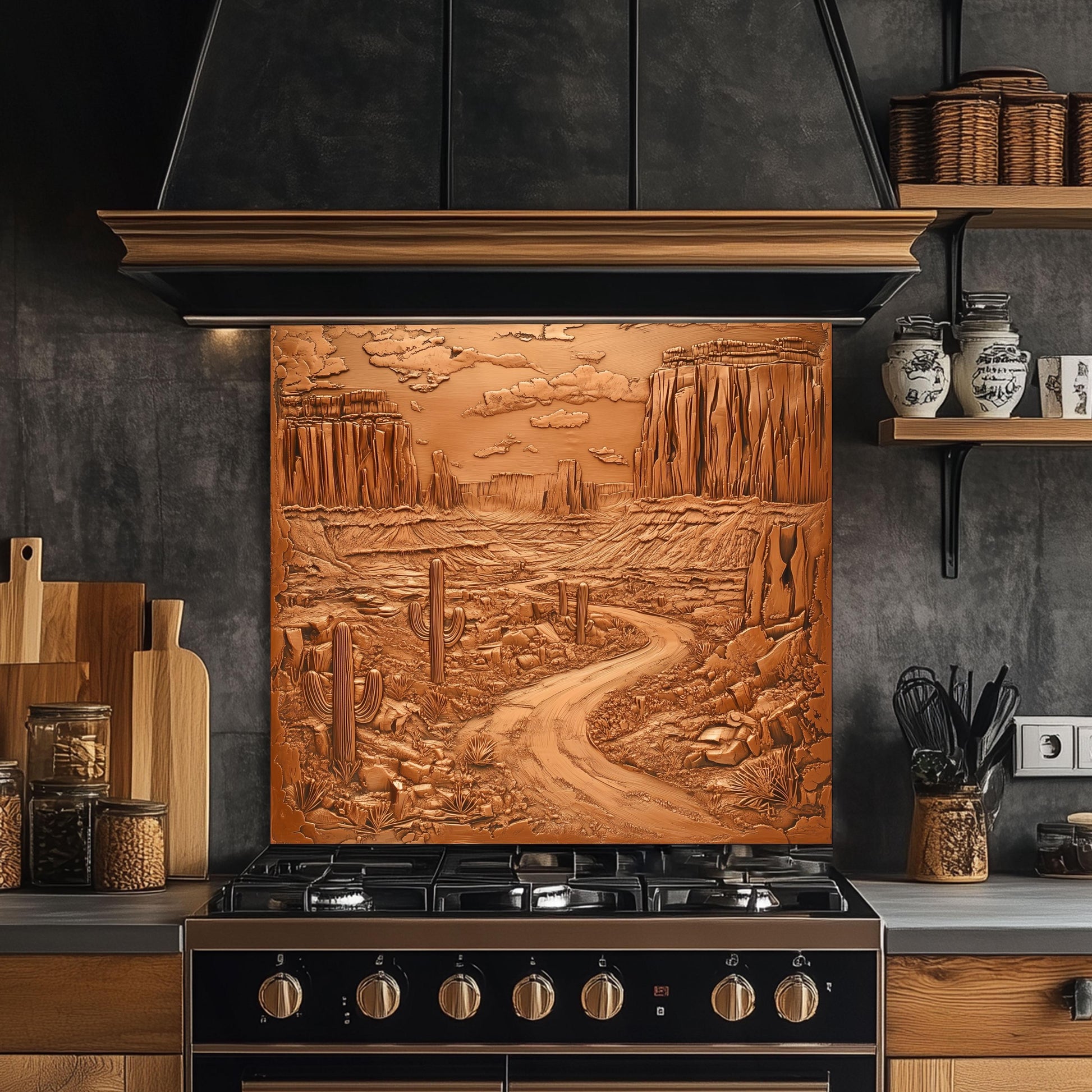 Desert canyon kitchen backsplash, copper effect tempered glass, heat-resistant kitchen wall protector, easy clean backsplash, rustic Southwestern design, stove wall protector, nature-inspired kitchen art