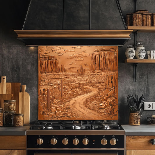 Desert canyon kitchen backsplash, copper effect tempered glass, heat-resistant kitchen wall protector, easy clean backsplash, rustic Southwestern design, stove wall protector, nature-inspired kitchen art