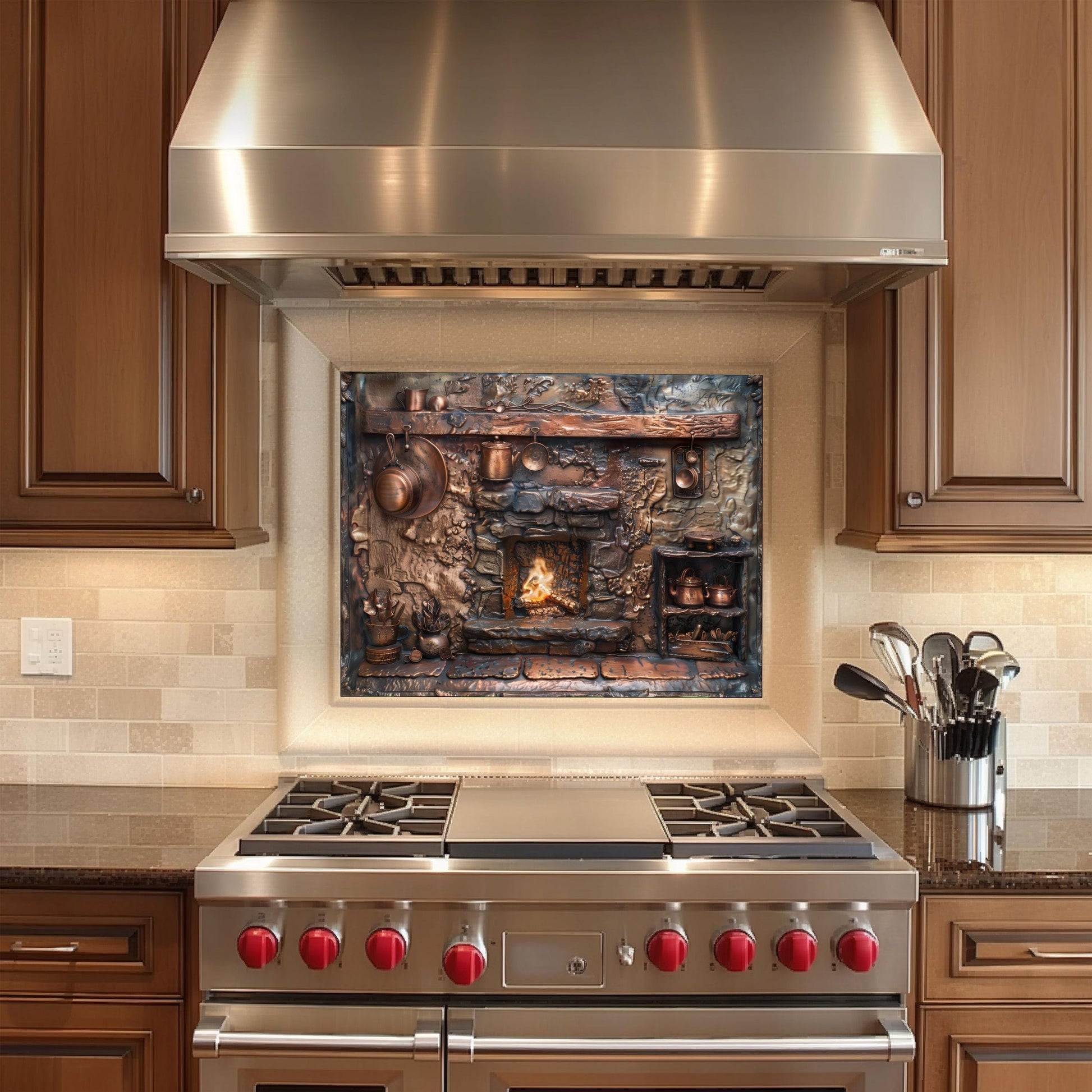 Copper kitchen backsplash, fireplace design, heat-resistant tempered glass, stove protector, easy clean, artistic kitchen wall art, farmhouse kitchen decor, rustic kitchen splashback, vintage design