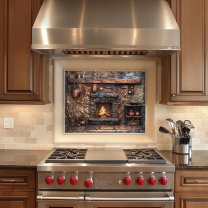 Copper kitchen backsplash, fireplace design, heat-resistant tempered glass, stove protector, easy clean, artistic kitchen wall art, farmhouse kitchen decor, rustic kitchen splashback, vintage design