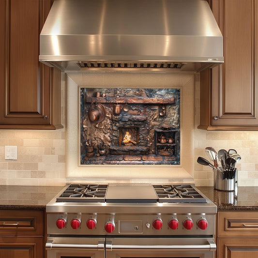 Copper kitchen backsplash, fireplace design, heat-resistant tempered glass, stove protector, easy clean, artistic kitchen wall art, farmhouse kitchen decor, rustic kitchen splashback, vintage design