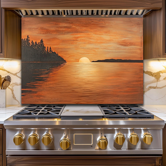 Sunset Ocean Glass Backsplash, Golden Sea Landscape Stove Guard, Heat Resistant Easy Clean Art