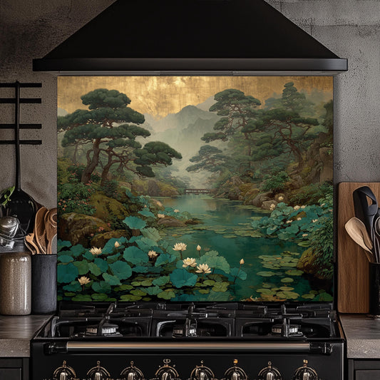 Zen Garden Glass Backsplash, Lotus Pond Kitchen Decor, Japanese Nature Stove Guard, Wall Panel