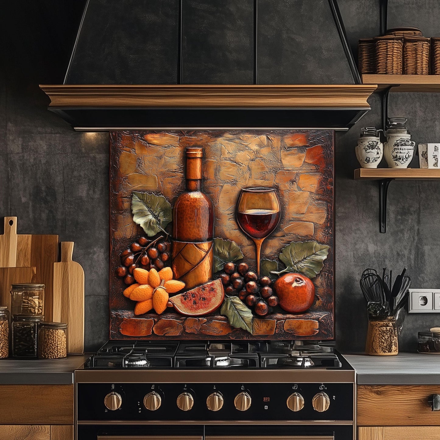 Wine-Themed Tempered Glass Kitchen Backsplash: Stove Area Art
