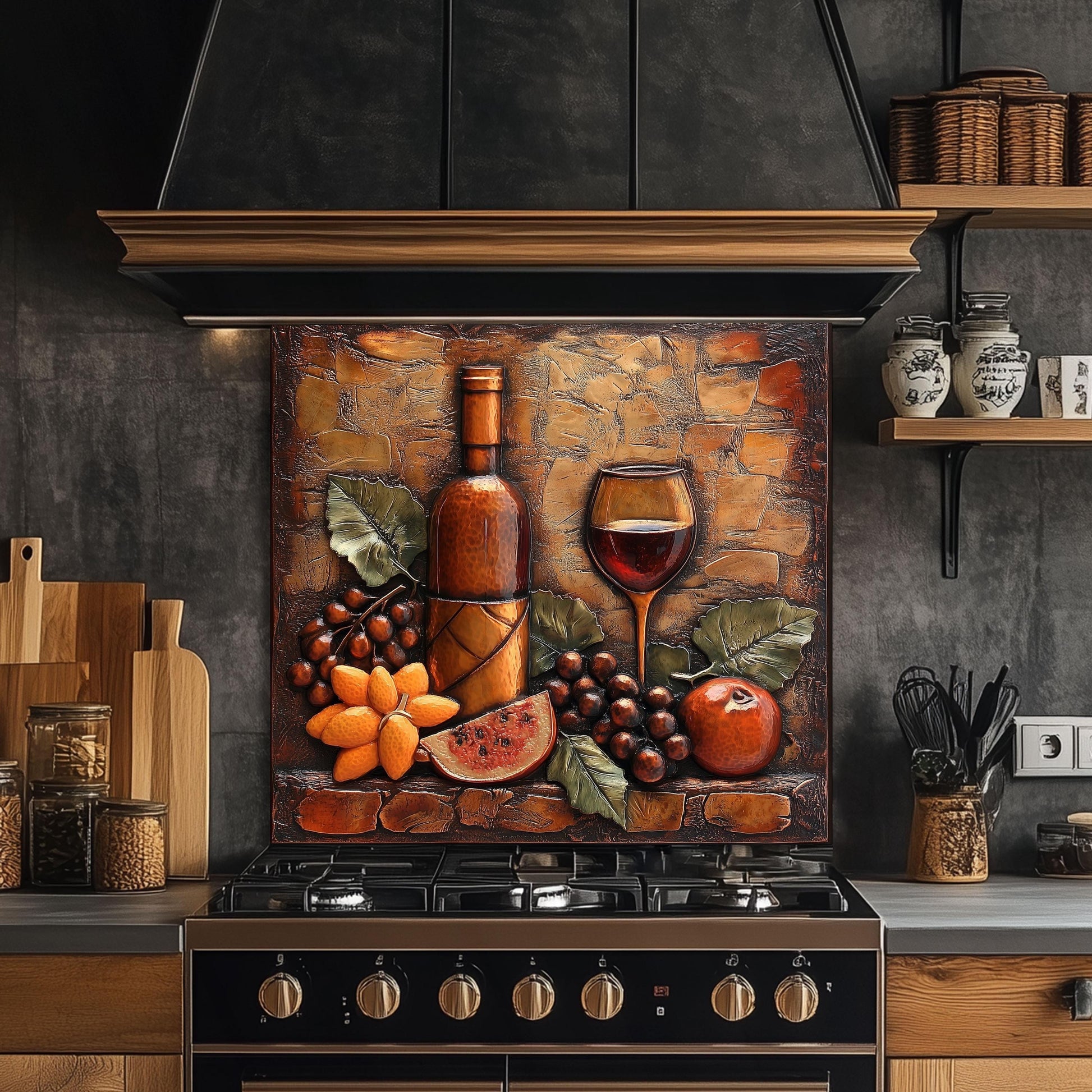 Wine-Themed Tempered Glass Kitchen Backsplash: Stove Area Art