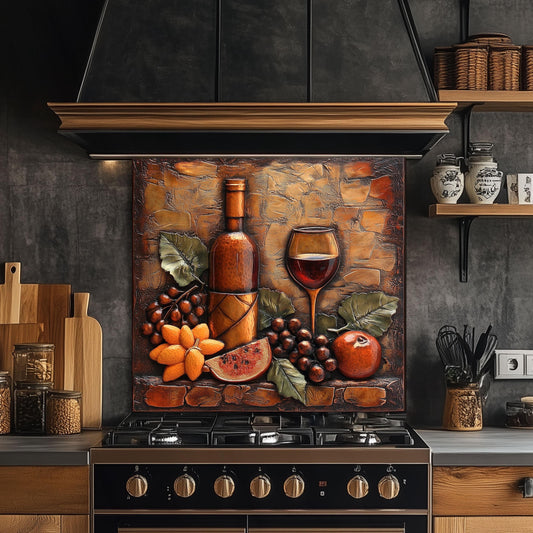 Wine-Themed Tempered Glass Kitchen Backsplash: Stove Area Art