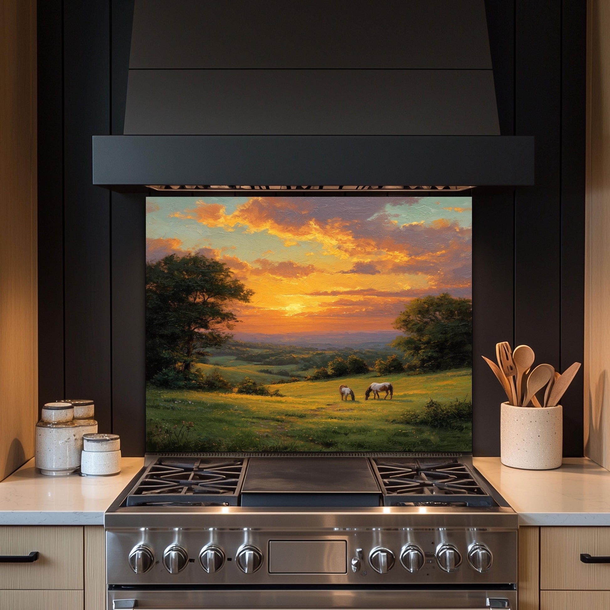 Sunset Pasture Kitchen Backsplash, Horse Landscape Tempered Glass Art, Custom Size Design