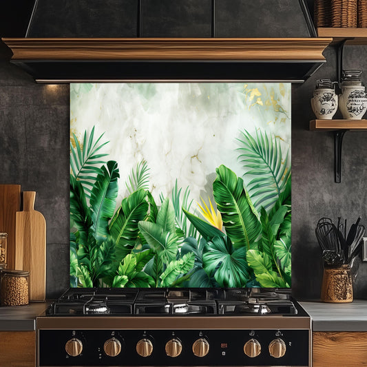 Tropical Banana Leaf Tempered Glass Backsplash: Marble & Gold Kitchen Wall Art