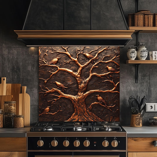 Tempered glass backsplash, tree and birds design, copper effect kitchen backsplash, heat-resistant kitchen wall protector, rustic kitchen art, nature-inspired backsplash, stove wall protector