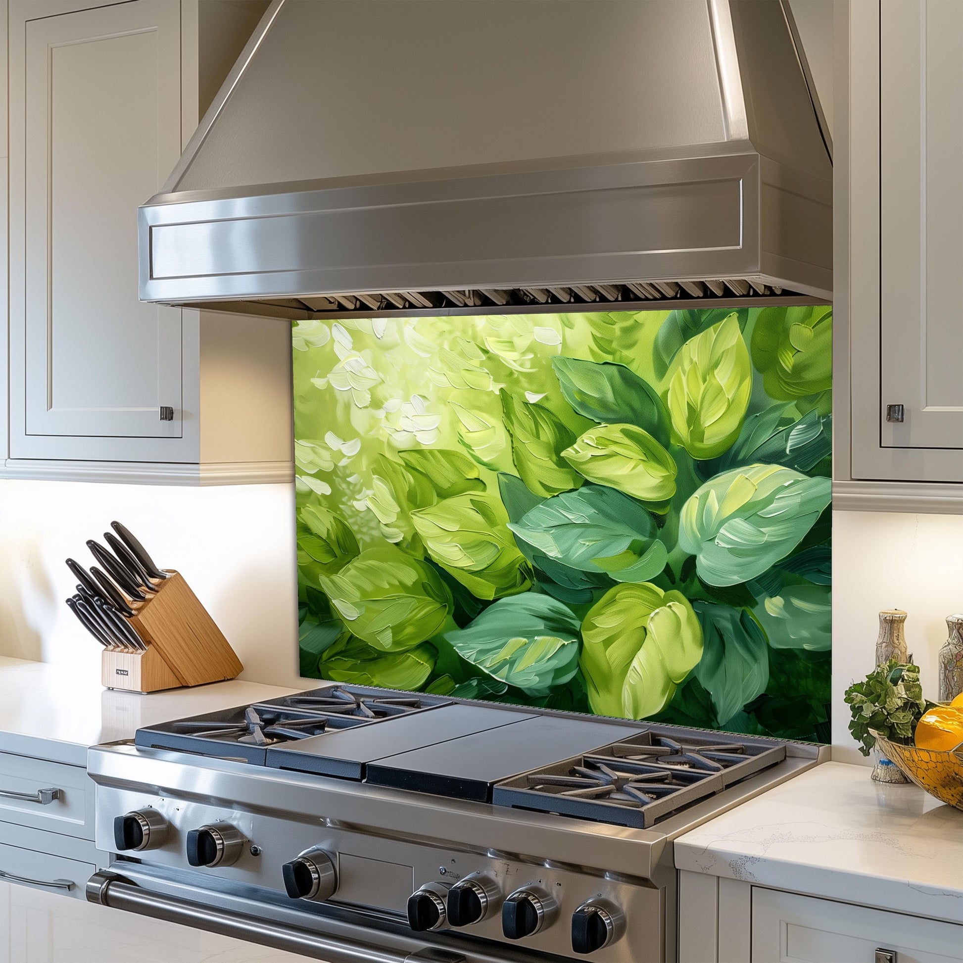 Green Leaf Glass Backsplash, Botanical Nature Stove Guard, Custom Size Kitchen Art
