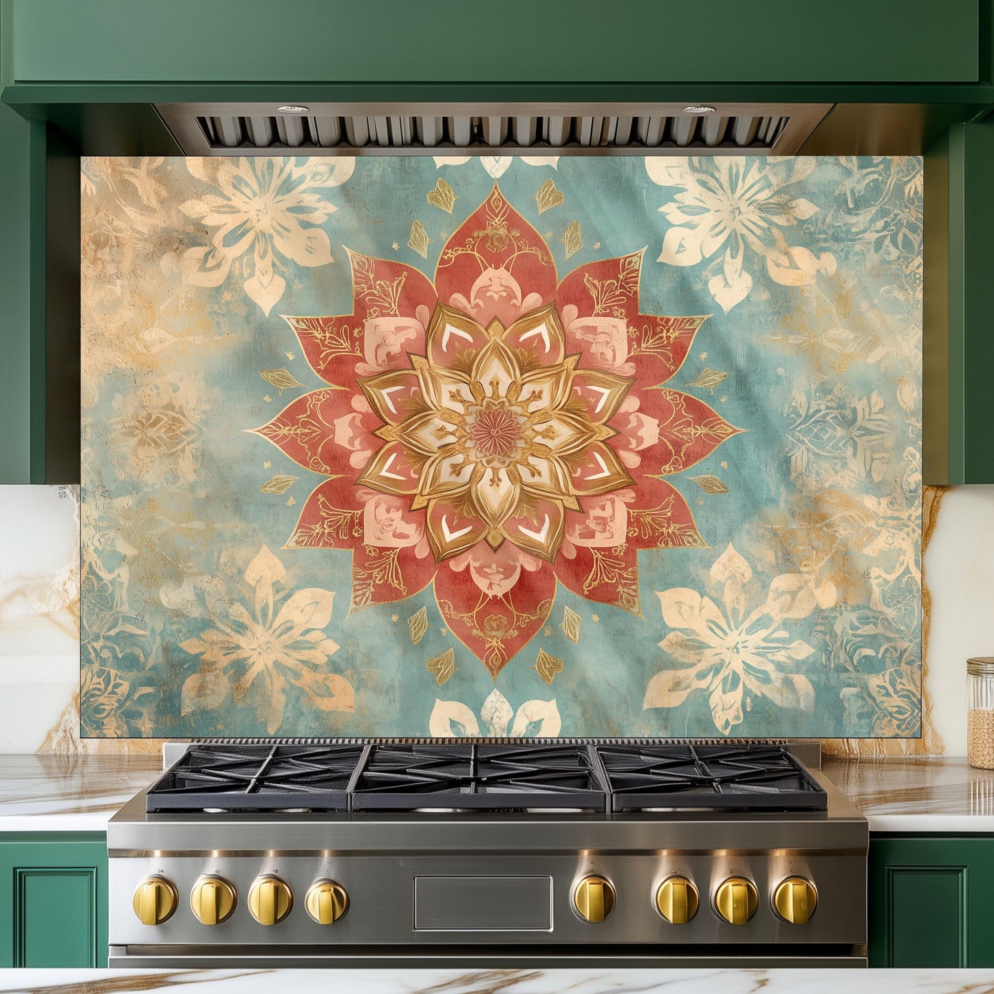 Moroccan Style Glass Backsplash, Blue Floral Stove Guard, Heat Resistant Easy Clean Kitchen Art