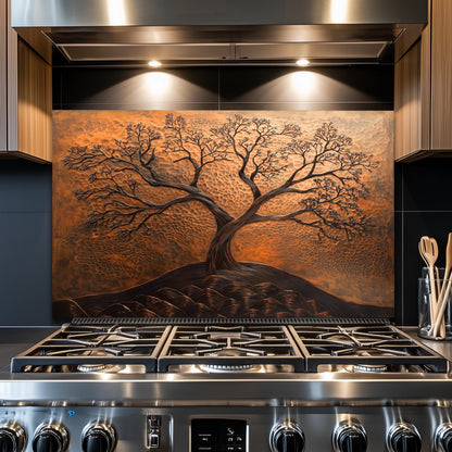 Tree of Life Tempered Glass Kitchen Backsplash: Copper Effect