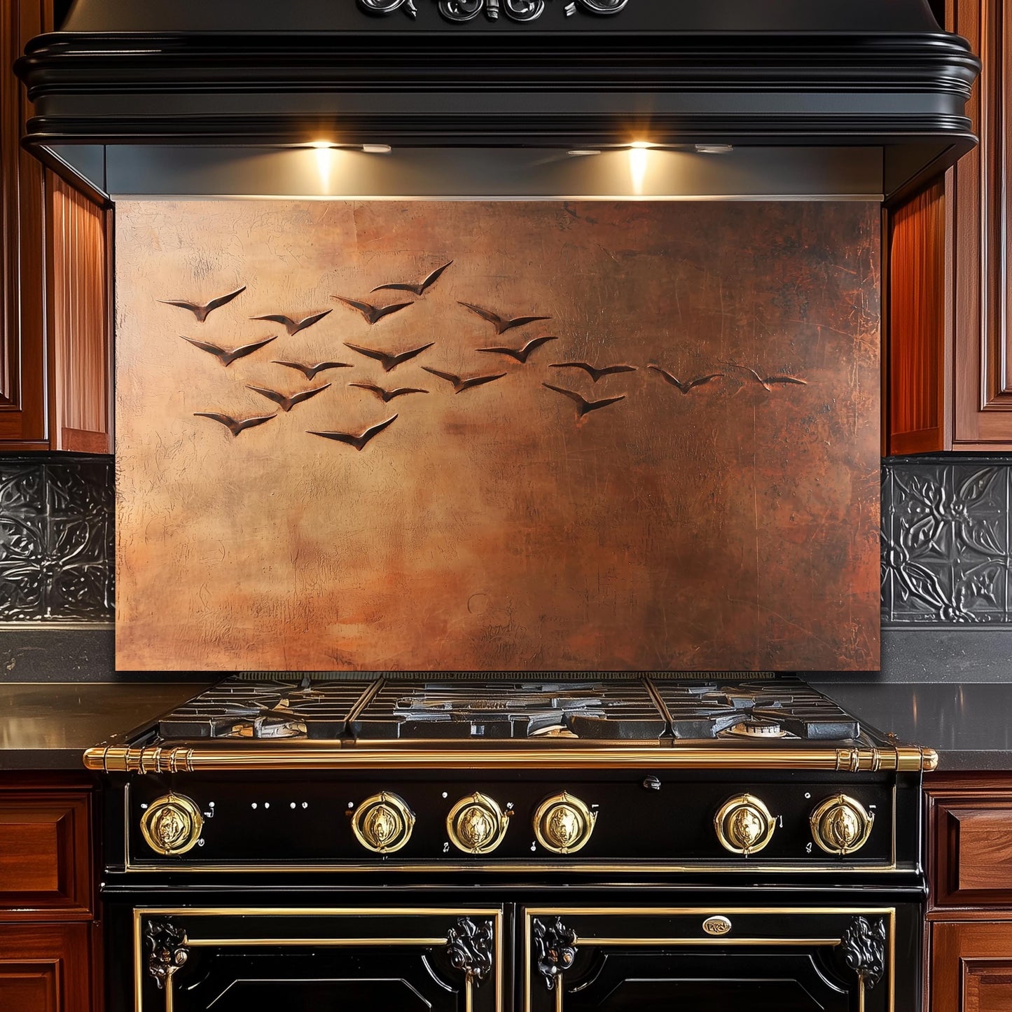 Copper Heron Tempered Glass Kitchen Backsplash: Rustic Bird Art