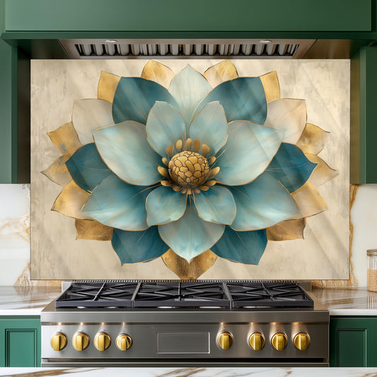 Moroccan Floral Glass Backsplash, Blue Geometric Stove Guard, Heat Resistant Easy Clean Kitchen Art