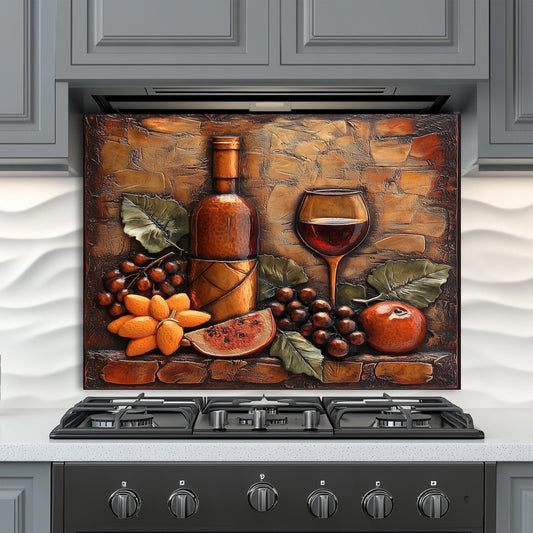 Wine-Themed Tempered Glass Kitchen Backsplash: Stove Area Art