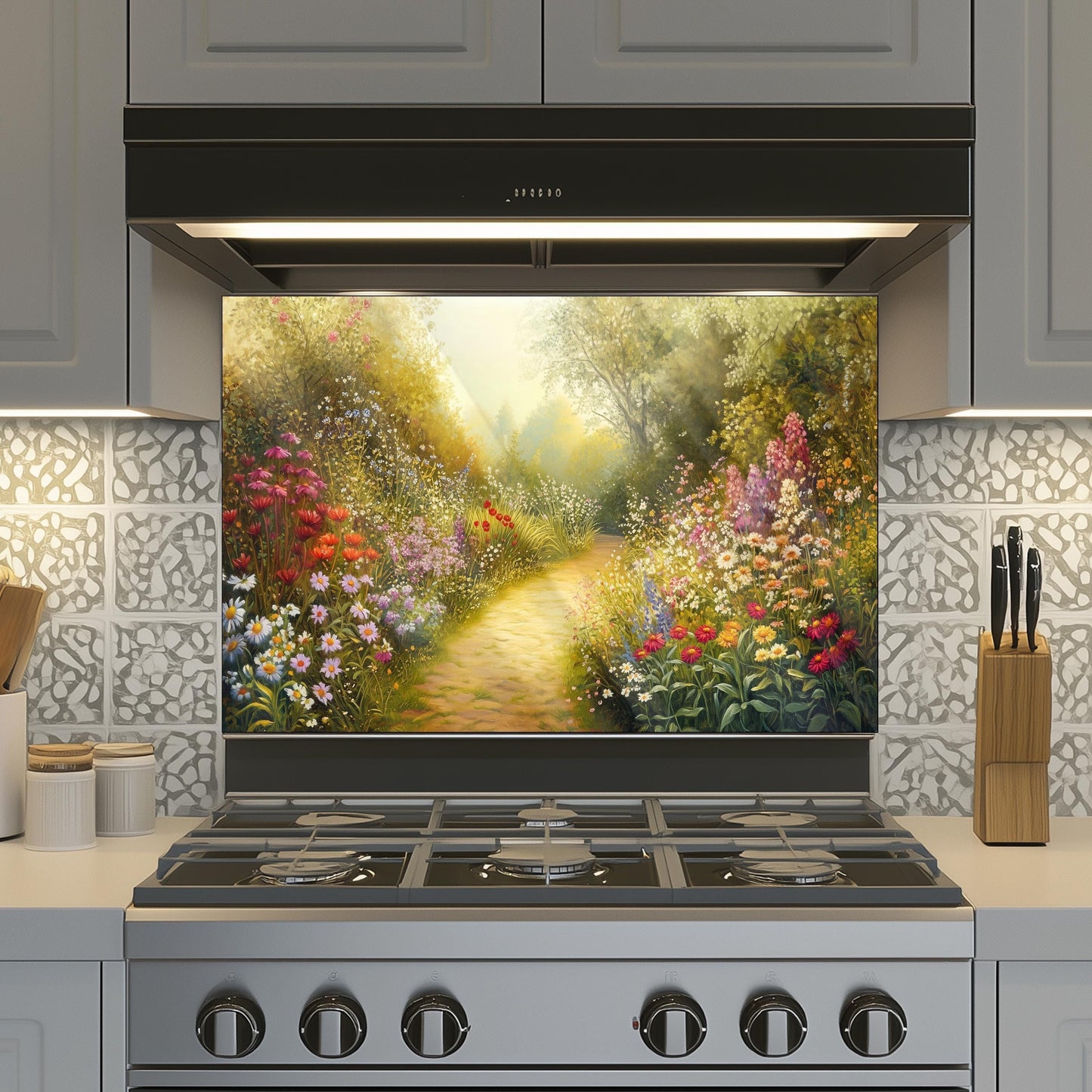 Floral Tempered Glass Kitchen Backsplash, Heat Resistant Wall Art, Custom Size Design
