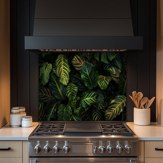 Tropical Jungle Leaf Tempered Glass Backsplash: Botanical Kitchen Wall Panel
