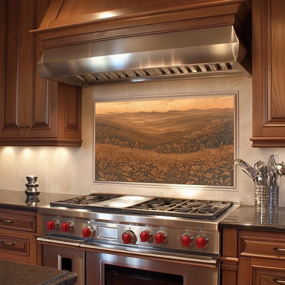 Heat-resistant kitchen backsplash, copper mountain design, tempered glass wall protector, easy clean backsplash panel, rustic kitchen decor, stove protector, wildflower kitchen art