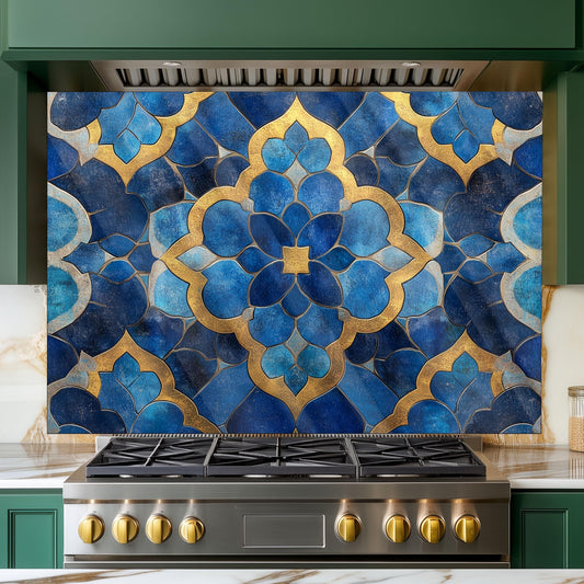 Moroccan Style Glass Backsplash, Blue Geometric Stove Guard, Heat Resistant Easy Clean Kitchen Art