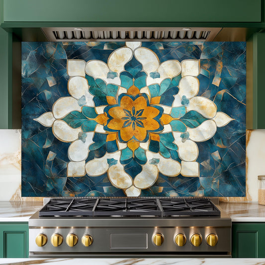 Moroccan Style Glass Backsplash, Blue Geometric Stove Guard, Heat Resistant Easy Clean Kitchen Art