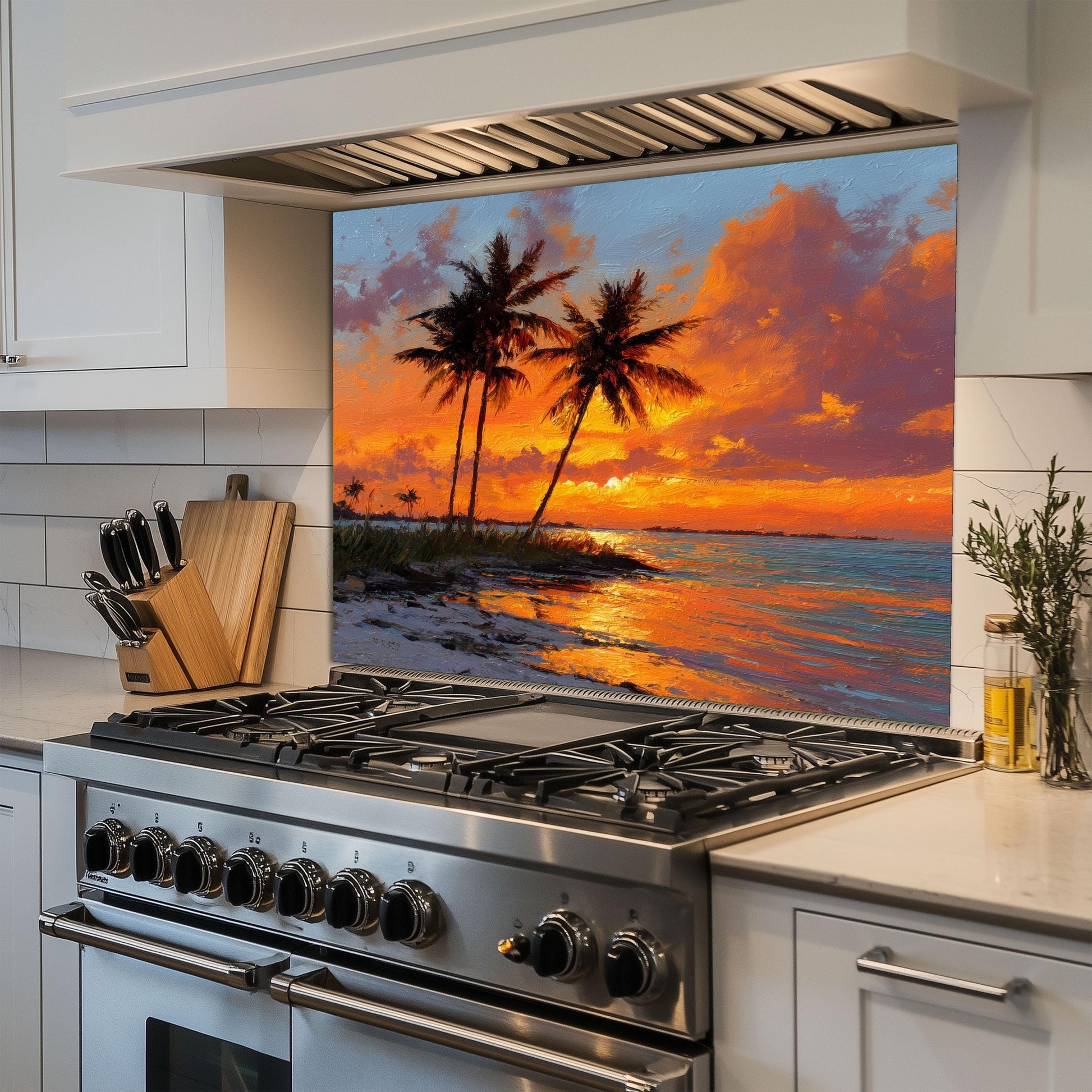 Tropical Palm Sunset Glass Backsplash – Coastal Kitchen Wall Art