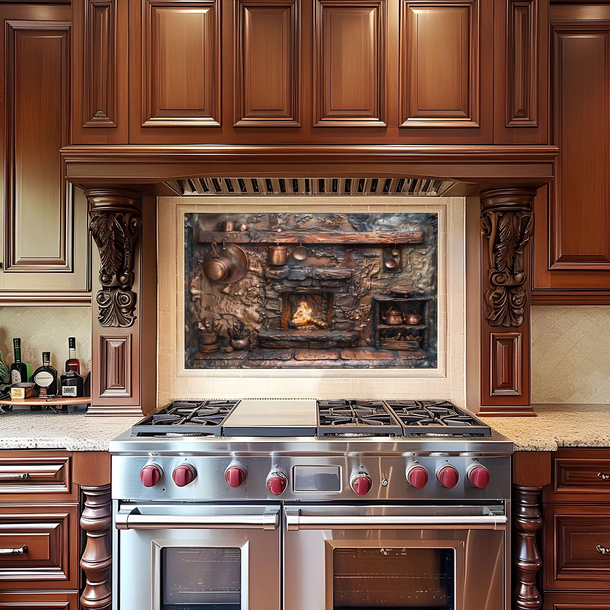 Copper fireplace and cookware backsplash, rustic design, heat-resistant tempered glass, kitchen wall protector, artistic backsplash, easy to clean, modern farmhouse kitchen decor, stove protector, vintage style